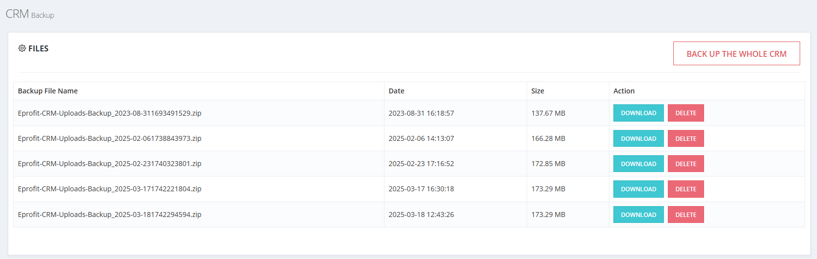 CRM Complete System Backup Interface